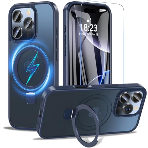 OWKEY für iPhone 16 Pro Hülle mit Ständer, Magnetisch Handyhülle iPhone 16 Pro mit Panzer Glas [Schutz in Militärqualität] Stoßfeste Transluzente Matte Dünn Schutzhülle (Blau) von OWKEY