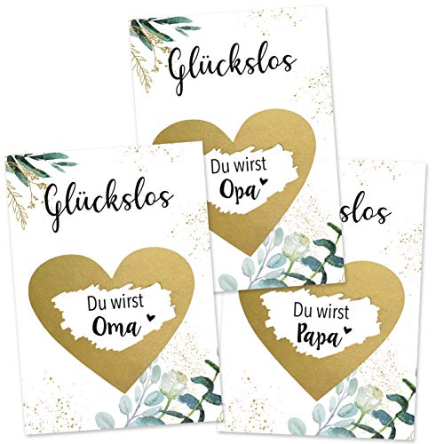 OWLBOOK 3er Set Du wirst Papa Oma und Opa Karte mit Rubbelherz Gold Geschenke Geschenkideen für die Familie zum Schwangerschaft verkünden von OWLBOOK
