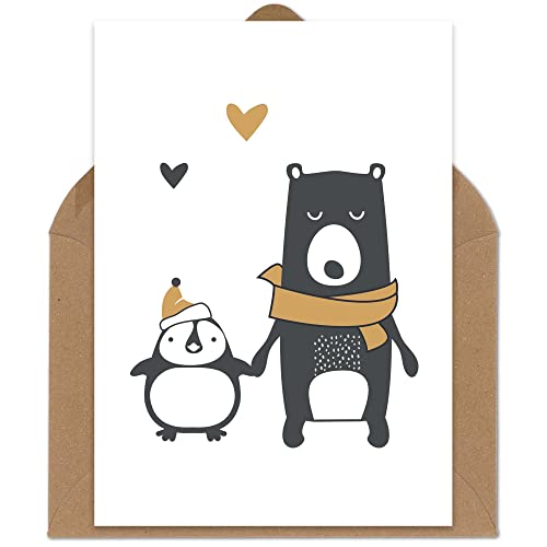 OWLBOOK Weihnachtskarte - Pinguin & Bär - Karte Postkarte Geschenkkarte mit Briefumschlag Geschenke Geschenkideen zu Weihnachten von OWLBOOK