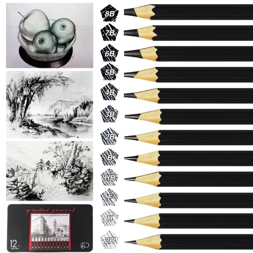 OWLKELA 12 Stüch Bleistifte Set, 2H H F HB B 2B 3B 4B 5B 6B 7B 8B, Skizzierstifte, Professionelle Bleistift, Graphitstifte - Künstlerischen Kreationen, Zeichnungen, Skizzieren von OWLKELA