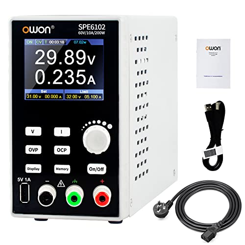 OWON SPE6102 Programmierbares Labornetzteil (0–60 V, 0–10 A), 200-W-DC-Netzteil, 2,8-Zoll-Anzeigeausgang, Aktivierungs-/Deaktivierungstaste, Einzelkanalausgang, PC-Software und USB-Aufladung von OWON