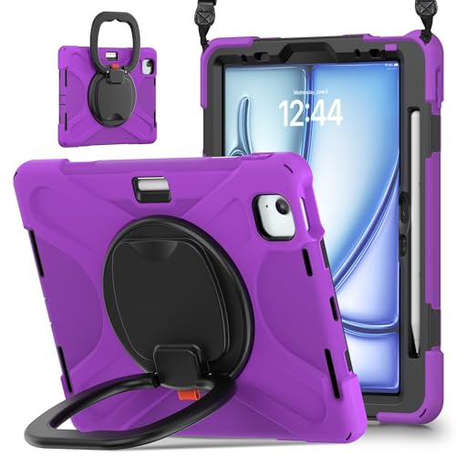 Vergilbungsfreie Tablet-Hülle Hülle kompatibel mit iPad Air 11 Zoll (2024 erschienen), robuste stoßfeste TPU-Kinderhülle, 360 Grad drehbare Multifunktions-Griffhalterung + robuste Abdeckung mit Schult von OWSIHNZBF