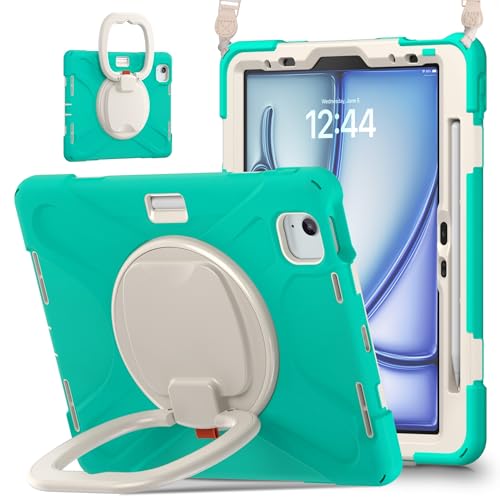 Vergilbungsfreie Tablet-Hülle Hülle kompatibel mit iPad Air 11 Zoll (2024 erschienen), robuste stoßfeste TPU-Kinderhülle, 360 Grad drehbare Multifunktions-Griffhalterung + robuste Abdeckung mit Schult von OWSIHNZBF