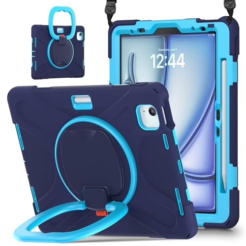 Vergilbungsfreie Tablet-Hülle Hülle kompatibel mit iPad Air 11 Zoll (2024 erschienen), robuste stoßfeste TPU-Kinderhülle, 360 Grad drehbare Multifunktions-Griffhalterung + robuste Abdeckung mit Schult von OWSIHNZBF