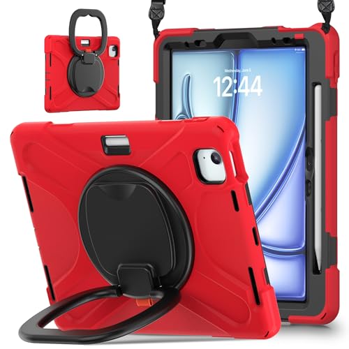 Vergilbungsfreie Tablet-Hülle Hülle kompatibel mit iPad Air 11 Zoll (2024 erschienen), robuste stoßfeste TPU-Kinderhülle, 360 Grad drehbare Multifunktions-Griffhalterung + robuste Abdeckung mit Schult von OWSIHNZBF