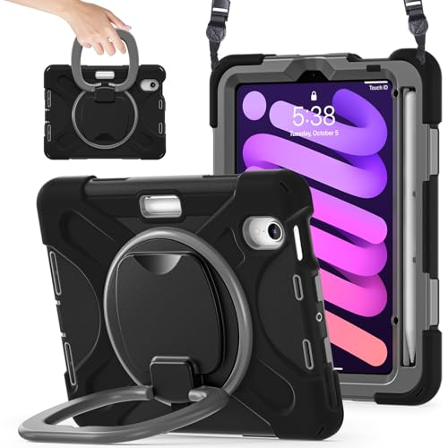 Vergilbungsfreie Tablet-Hülle Hülle kompatibel mit iPad Mini 7 Hülle (A17 Pro) 2024/ Mini 6 8,3″, robuste stoßfeste TPU-Kinderhülle, 360 Grad drehbare Multifunktions-Griffhalterung + robuste Hülle mit von OWSIHNZBF