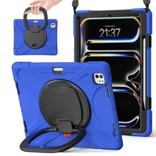 Vergilbungsfreie Tablet-Hülle Hülle kompatibel mit iPad Pro 13 Zoll (Veröffentlichung 2024), robuste, stoßfeste TPU-Kinderhülle, um 360 Grad drehbare Multifunktions-Griffhalterung + robuste Abdeckung von OWSIHNZBF
