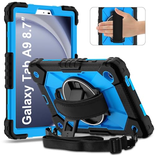 Vergilbungsfreie Tablet-Hülle Kompatibel mit Samsung Galaxy Tab A9 8,7 Zoll 2023 SM-X110/X115, stoßfeste Kinderhülle, [Ständer] [Schultergurt], 360 Grad drehbare Handschlaufe, Ständerhalterung, robust von OWSIHNZBF