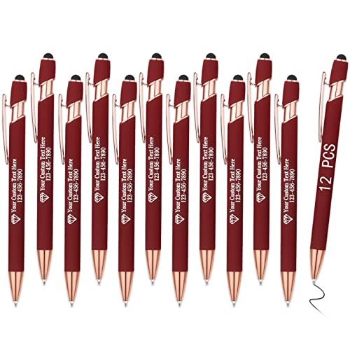 OXYEFEI Rosegold Kugelschreiber mit Gravur, 1mm 12 Farben Optional mit Stiftspitze Personalisierte Stifte Hochwertig Metall Touchpen mit Text Muster oder Logo für Touchscreens(12 Stück, Tiefrot) von OXYEFEI