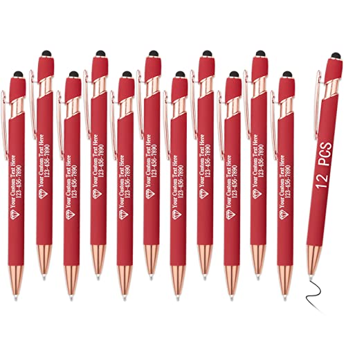 OXYEFEI Rosegold Kugelschreiber mit Gravur, 1mm 12Farben Optional mit Stiftspitze Personalisierte Stifte Hochwertig Metall Touchpen mit Text Muster oder Logo für Touchscreens(12 Stück, Rot) von OXYEFEI