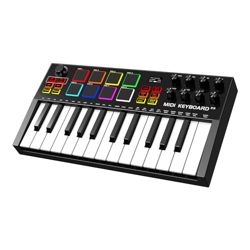 MIDI Keyboard Controller, 25 Tasten USB MIDI Keyboard mit 8 Drum Pads mit Hintergrundbeleuchtung, 8 Drehreglern, Drehregler Tremolo, Bluetooth, Tragbarer Mini-Keyboard-MIDI für die Musikproduktion von OYAYO