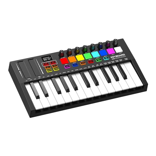 OYAYO MIDI Keyboard Controller, 25-Tasten USB MIDI Keyboard mit 8 Hintergrundbeleuchteten Drum-Pads, 8 Knöpfen, DAW-Integration, Bluetooth, Tragbarer Mini Keyboard Controller für die Musikproduktion von OYAYO