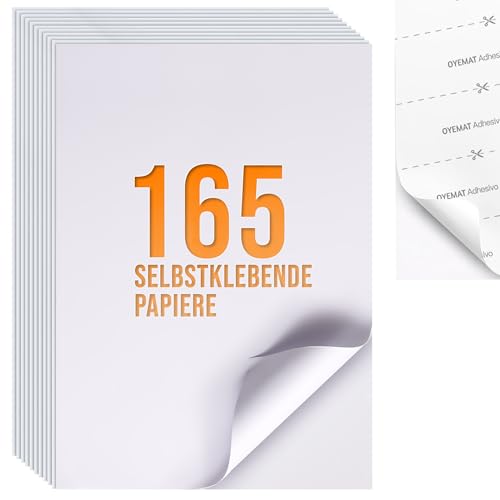 165 Blätter 1 Etikett pro Blatt | Sticker Papier zum Bedrucken A4 | Selbstklebendes A4-Papier für Drucker (297 mm x 210 mm) | Tintenstrahldrucker, Laserdrucker und Fotokopierer. von OYEMAT