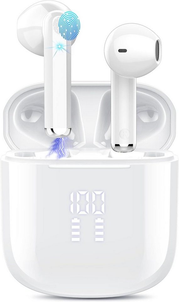OYIB Bluetooth 5.3 4 Mikrofon IP7 Wasserdicht Ohrhörer LED-Anzeige wireless In-Ear-Kopfhörer (Weiß, Bluetooth, mit ENC Mic, 25 Std Tiefer Bass Wireless Earbuds, Touch Control) von OYIB