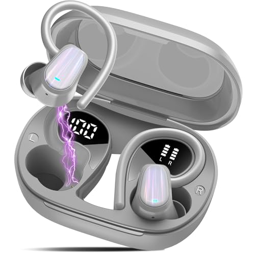 OYIB Bluetooth Kopfhörer Sport, Kopfhörer Kabellos Bluetooth 5.4 In Ear Kopfhörer mit ENC Mic, 50Std Immersiver HiFi Stereo Ohrhörer, Dual LED-Anzeige, IPX7 Wasserdicht Earbuds mit Ohrhaken/Grau von OYIB