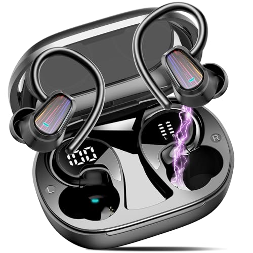 Bluetooth Kopfhörer Sport, 50Std Kopfhörer Kabellos Bluetooth 5.4 mit CVC8.0 Mic, In Ear Kopfhörer Immersiver HiFi Stereo, IPX7 Wasserdicht Ohrhörer mit Ohrhaken, Dual LED-Anzeige, Blau/Android/iOS von OYIB