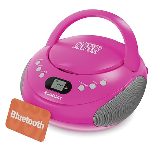 OAKCASTLE CD250 Tragbar Bluetooth Boombox | Einfache Kontrollen CD Player fur Kinder | Tragbare CD Spieler mit FM Radio, 30 Radiovoreinstellungen, LED-Anzeige & Kopfhörerbuchse (Rosa) von Oakcastle