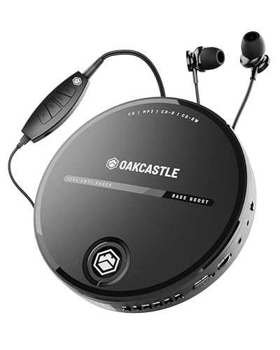 Persönlicher CD-Spieler | Tragbarer Walkman mit In-Line-Kopfhörern | 7 Stunden Akkulaufzeit, AUX-Kompatibilität im Auto | Bass Boost, Hold Lock und Anti-Skip-Funktion | OAKCASTLE CD10 von Oakcastle