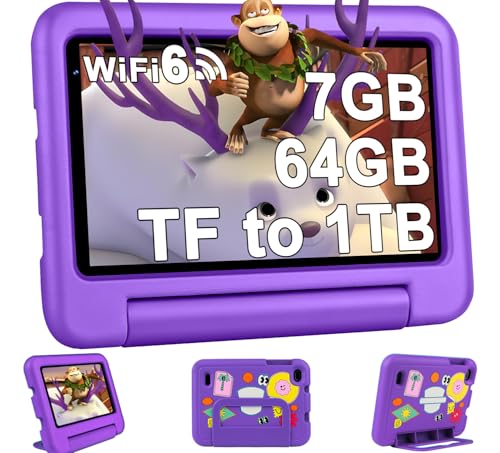 2024 Kinder Tablets 7 Zoll FHD Android 13 OS Wi-Fi 6 Bluetooth 5.0, 7 GB RAM+ 64 GB ROM(TF 1TB) GMS-Zertifizierung | Elterliche Kontrolle | 3500mAh | AR Erkennungs-Tierkarten | EVA-Schutzhülle-Violett von Oangcc