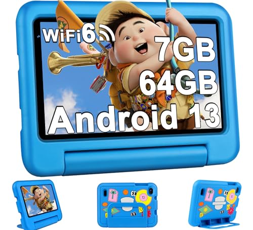 2024 Kinder Tablets 7 Zoll FHD Android 13 OS Wi-Fi 6 Bluetooth 5.0, 7 GB RAM+ 64 GB ROM(TF 1TB) GMS-Zertifizierung | Elterliche Kontrolle | 3500mAh | AR Erkennungs-Tierkarten | Eva-Schutzhülle - Blau von Oangcc