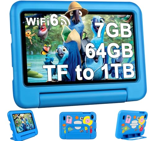 2024 Kinder Tablets 7 Zoll FHD Android 13 OS Wi-Fi 6 Bluetooth 5.0, 7 GB RAM+ 64 GB ROM(TF 1TB) GMS-Zertifizierung | Elterliche Kontrolle | 3500mAh | AR Erkennungs-Tierkarten | Eva-Schutzhülle - Blau von Oangcc