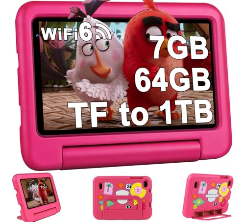 2024 Kinder Tablets 7 Zoll FHD Android 13 OS Wi-Fi 6 Bluetooth 5.0, 7 GB RAM+ 64 GB ROM(TF 1TB) GMS-Zertifizierung | Elterliche Kontrolle | 3500mAh | AR Erkennungs-Tierkarten | Eva-Schutzhülle-Rosa von Oangcc