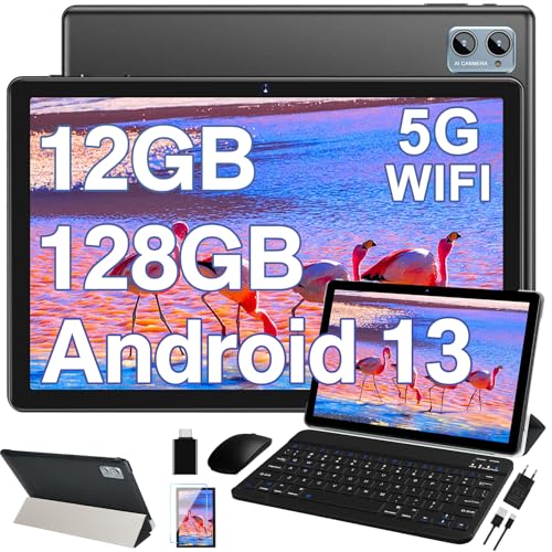 2024 Newest Android 13 Tablet 10 Zoll 12(6+6)GB+128GB (TF 1TB) | Octa-Core | 5G+2.4G WiFi | 6000mAh | Bluetooth 5.0 | 5MP+8MP | GMS | Widget | GPS | Tablet mit Tastatur und Maus, Gehäuse - Schwarz von Oangcc