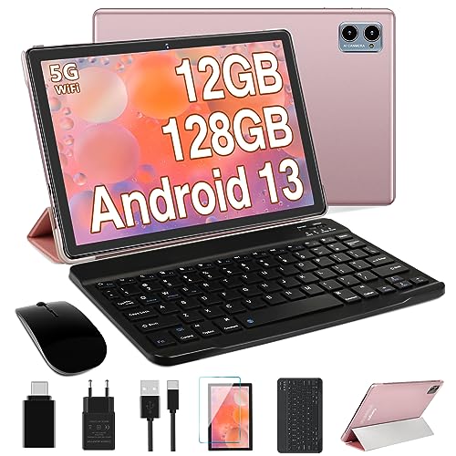 Oangcc 2024 Neueste Tablet 10 Zoll Android 13 OS, 12GB RAM +128GB ROM(TF 1TB), 5G+2.4G WLAN | 2.0 Ghz 8 Core | 5+8MP | BT 5.0 | AGPS | 6000mAh | Widgets | GMS Certified Tablets mit Tastatur-Roségold von Oangcc