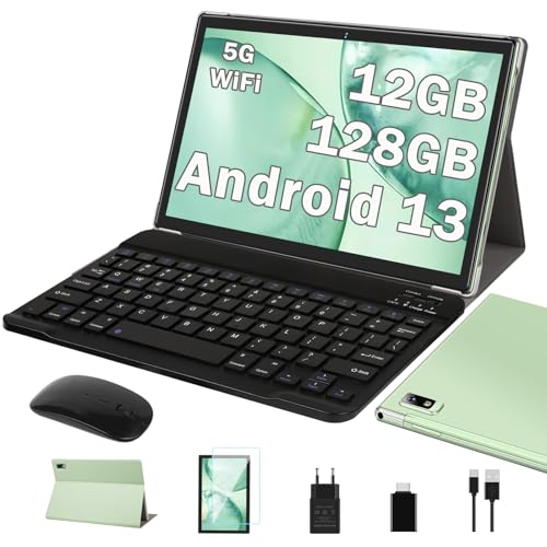 Oangcc 2024 Tablet 10 Zoll Android 13 OS mit 12GB RAM+128GB ROM(TF 1 TB),5G +2.4G WLAN, 8 Core 2.0 GHz | Google GMS-Zertifizierung | 8000mAh | 5+8MP | BT 5.0 | Widgets mit Tastatur+Fall -Grün von Oangcc