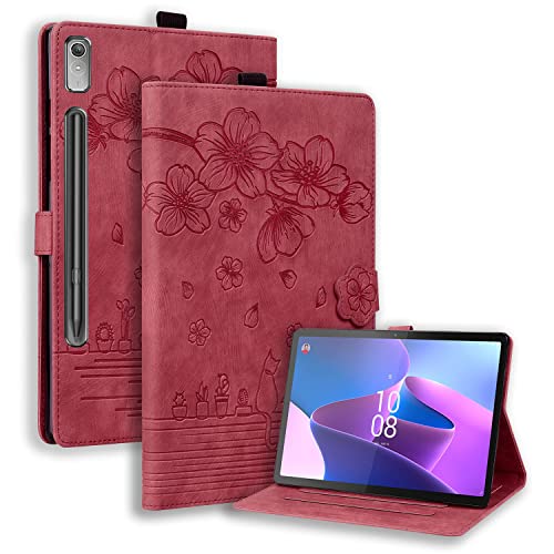 Oaxrui Cherry Blossom Cat Case für Lenovo Tab P12 12,7 Zoll (32,3 cm) Premium Leder Flip Slim Stand Cover Red Sakura von Oaxrui