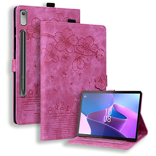 Oaxrui Cherry Blossom Cat Case für Lenovo Tab P12 12,7 Zoll Premium Leder Flip Slim Stand Cover Pink Sakura von Oaxrui