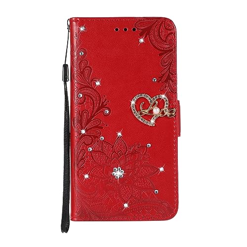 Oaxrui Glänzende Diamant Spitze Hülle für iPhone 15 Pro Leder Flip Dünn Slim Cover Rot von Oaxrui