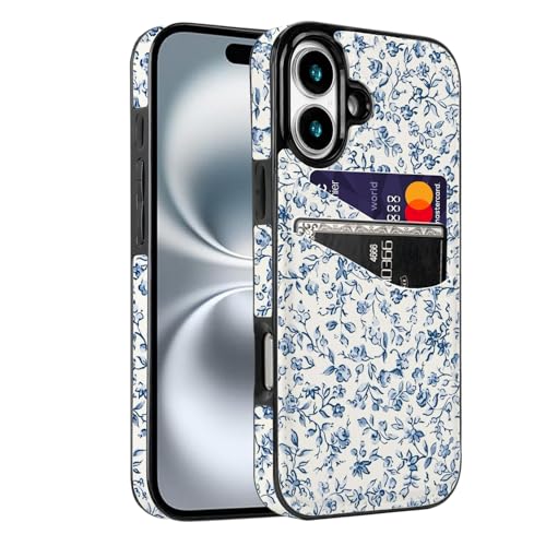 Obbii Schutzhülle für iPhone 16, 15,5 cm (6,1 Zoll), mit Kartenhalter, weiches, niedliches Leder, Brieftaschen-Schutzhülle, stoßfest, harte Schutzhülle für Damen und Mädchen (blaues Blumenmuster von Obbii