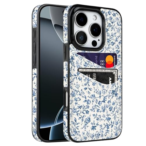 Obbii Schutzhülle für iPhone 16 Pro 15,5 cm (6,1 Zoll), mit Kartenhalter, weiches, niedliches Leder, Brieftaschen-Schutzhülle, stoßfest, harte Schutzhülle für Damen und Mädchen (blaues Blumenmuster von Obbii