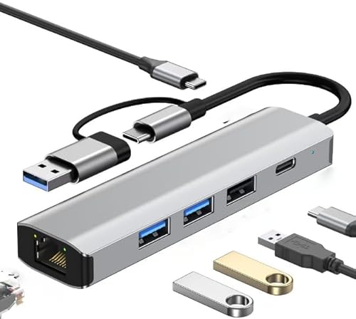 Obcxin 6 in 2 USB-C-Hub, Multiport-Adapter mit Gigabit-Ethernet, USB 3.2 und 2.0, USB-C 3.2, USB-Typ C Docking Station für Laptop MacBook Pro/Air, Surface Pro, iPad Pro, Dell, Dampfdeck, Samsung Obcxin 6 in 2 USB-C-Hub, Multiport-Adapter mit Gigabit-Ethernet, USB 3.2 und 2.0, USB-C 3.2, USB-Typ C Docking Station für Laptop MacBook Pro/Air, Surface Pro, iPad Pro, Dell, Dampfdeck, Samsung von Obcxin