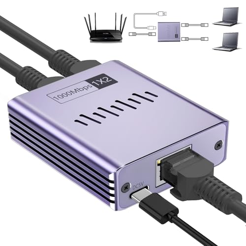 LAN Splitter 1 auf 2, LAN Verteiler 1 auf 2 Gigabit Netzwerk Splitter 1000 Mbps LAN Switch 2 Port Ethernet Switch RJ45 Netzwerk Switch für Computer, Hub, Switch, Router, Set-Top Box, Digital TV, et von Obllemn