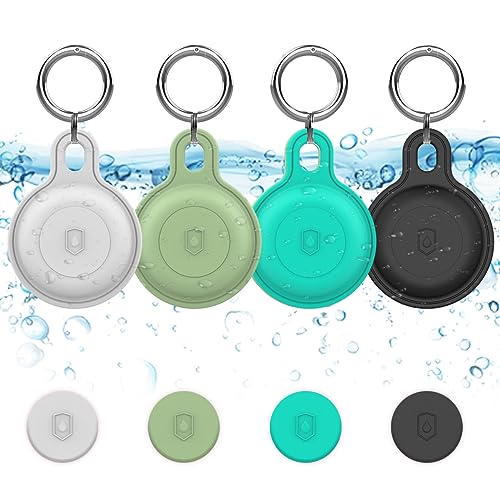 Obyllato 4er Pack Wasserdicht AirTag Schlüsselanhänger Airtag Halter Hülle Kompatibel mit Apple Air Tag Silikon GPS Tracker Schutzhülle, Weiß/Schwarz/Blau/Grün von Obyllato