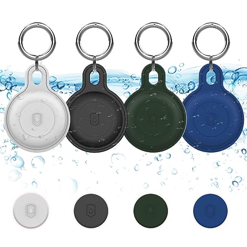 Obyllato 4er Pack Wasserdicht AirTag Schlüsselanhänger Airtag Halter Hülle Kompatibel mit Apple Air Tag Silikon GPS Tracker Schutzhülle, Weiß/Schwarz/Dunkelblau/Dunkelgrün von Obyllato