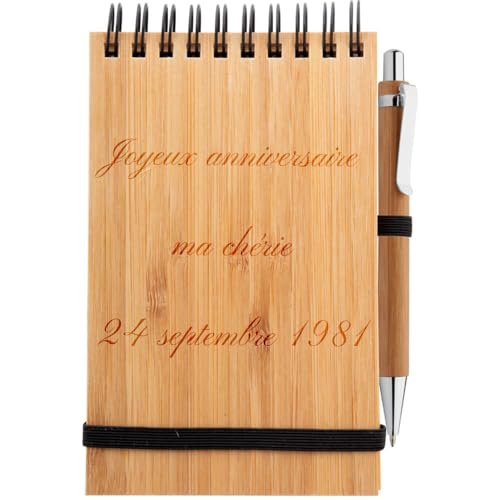 Bambus-Notizblock mit Stift und Textgravur - Personalisierbarer Bambusholz-Notizblock mit passendem Stift - Gravur auf der Vorderseite des Holz-Notizblocks von Ocadeau
