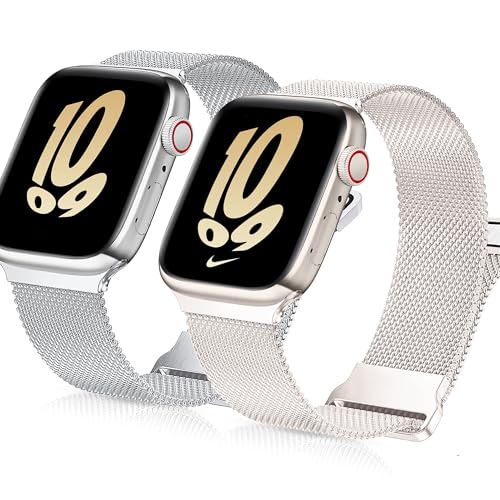 Ocaer 2 Stück Kompatibel mit Apple Watch Armband 41mm 40mm 38mm, Magnetisch Metall Ersatz iWatch Armband für Apple Watch Series 9 8 7 6 5 4 3 2 1 SE, Edelstahl Loop Damen Herren(Silber/Polarstern von Ocaer