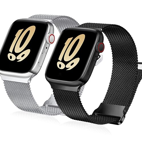 Ocaer 2 Stück Kompatibel mit Apple Watch Armband 41mm 40mm 38mm, Magnetisch Metall Ersatz iWatch Armband für Apple Watch Series 9 8 7 6 5 4 3 2 1 SE, Edelstahl Loop Damen Herren (Silber/Schwarz) von Ocaer