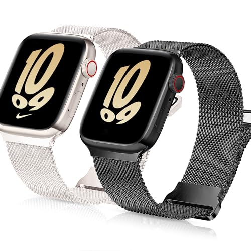 Ocaer 2 Stück Kompatibel mit Apple Watch Armband 41mm 40mm 38mm, Magnetisch Metall Ersatz iWatch Armband für Apple Watch Series 9 8 7 6 5 4 3 2 1 SE, Edelstahl Loop Damen Herren (Polarstern/Schwarz) von Ocaer