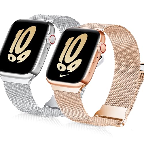 Ocaer 2 Stück Kompatibel mit Apple Watch Armband 49mm 45mm 44mm 42mm, Magnetisch Edelstahl Metall iWatch Armband für Apple Watch Ultra 2 Series 9 8 7 6 5 4 3 2 1 SE, Damen Herren(Silber/Rosegold) von Ocaer