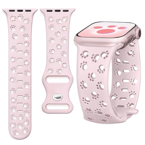 Ocaer Kompatibel mit Apple Watch 49mm 45mm 44mm 42mm, Gravierte Weiches Silikon iWatch Armband für Apple Watch Ultra 2/1 Series 9 8 7 6 5 4 3 2 1 SE, Katze Hund Pfote Sport Band Damen（Rosa） von Ocaer