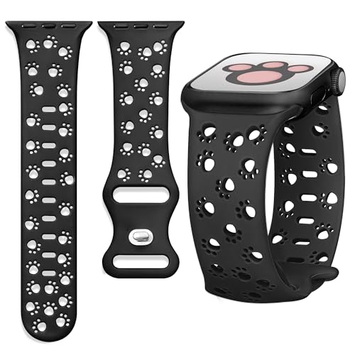 Ocaer Kompatibel mit Apple Watch 9 Armband 41mm 40mm 38mm, Niedlich Gravierte Weiches Silikon iWatch Armband für Apple Watch Series 9 8 7 6 5 4 3 2 1 SE, Katze Hund Pfote Sport Band Damen（Schwarz） von Ocaer