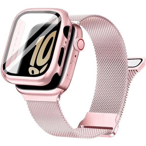Ocaer Kompatibel mit Apple Watch 9 Armband 45mm mit Hülle, Metall Magnetisch iWatch Armband mit Bildschirmschutz für 45mm Apple Watch Series 9 8 7, Edelstahl Milanese Loop (Rosa, 45mm mit Hülle) von Ocaer