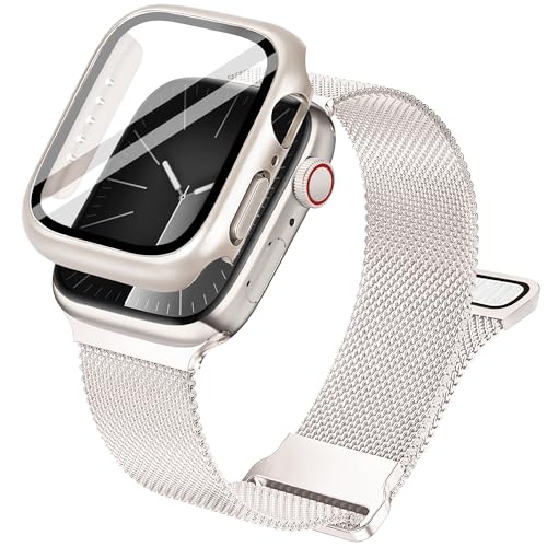 Ocaer Kompatibel mit Apple Watch Armband+Hülle 41mm 40mm 45mm 44mm, Metall Magnetisch iWatch band mit Bildschirmschutz für Apple Watch Series 9 8 7 6 5 4 SE, Edelstahl Milanese Loop (Polarstern, 45mm) von Ocaer