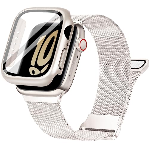 Ocaer Kompatibel mit Apple Watch Armband+Hülle 41mm 40mm 45mm 44mm, Metall Magnetisch iWatch band mit Bildschirmschutz für Apple Watch Series 9 8 7 6 5 4 SE, Edelstahl Milanese Loop (Polarstern, 40mm) von Ocaer
