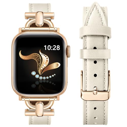 Ocaer Kompatibel mit Apple Watch Armband 41mm 40mm 38mm, Leder Metall Ersatz iWatch Armband für Apple Watch Series 9 8 7 6 5 4 3 2 1 SE, Elegant Apple Watch Band für Damen Frauen (Beige/Rosegold) von Ocaer