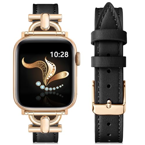 Ocaer Kompatibel mit Apple Watch Armband 41mm 40mm 38mm, Leder Metall Ersatz iWatch Armband für Apple Watch Series 9 8 7 6 5 4 3 2 1 SE, Elegant Apple Watch Band für Damen Frauen (Schwarz/Rosegold) von Ocaer